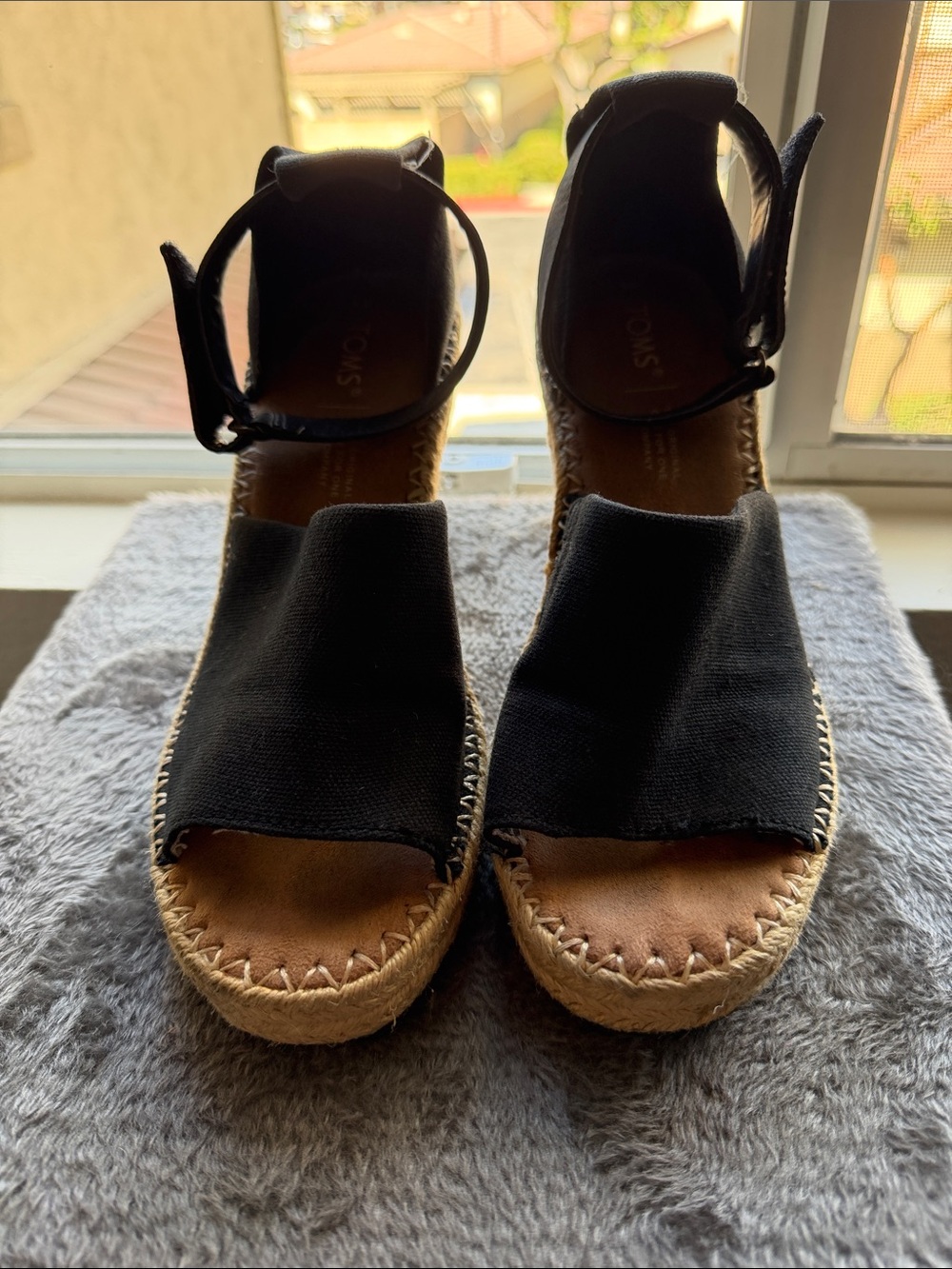 TOMS Black Canvas Espadrille Wedge Sandals with Ankle Strap